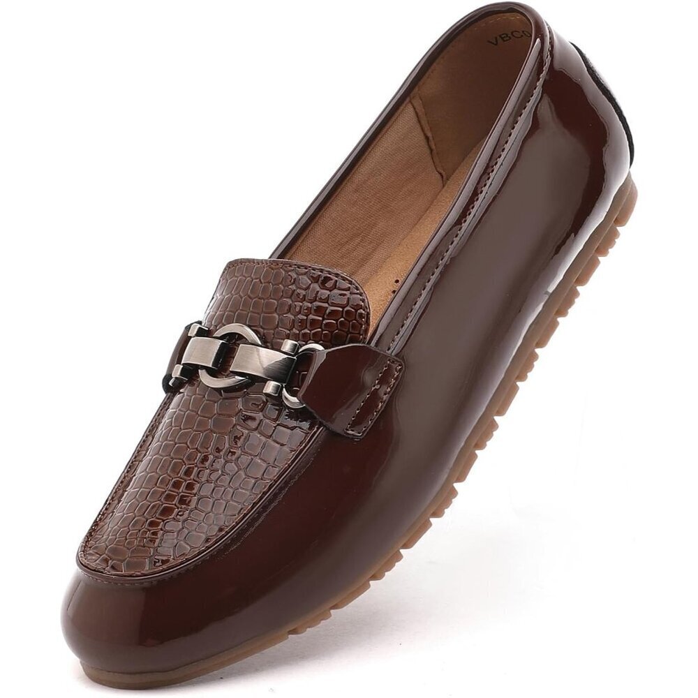 Womens brown Stone Faux Leather Slip On Comfort Chunky Heel Lug Sole Loafers